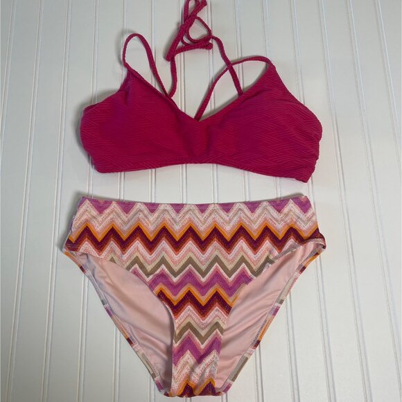 Cupshe Women 2 Piece Swimsuit L Pink Textured V Neck Self Tie Criss Cross Back - Picture 1 of 11